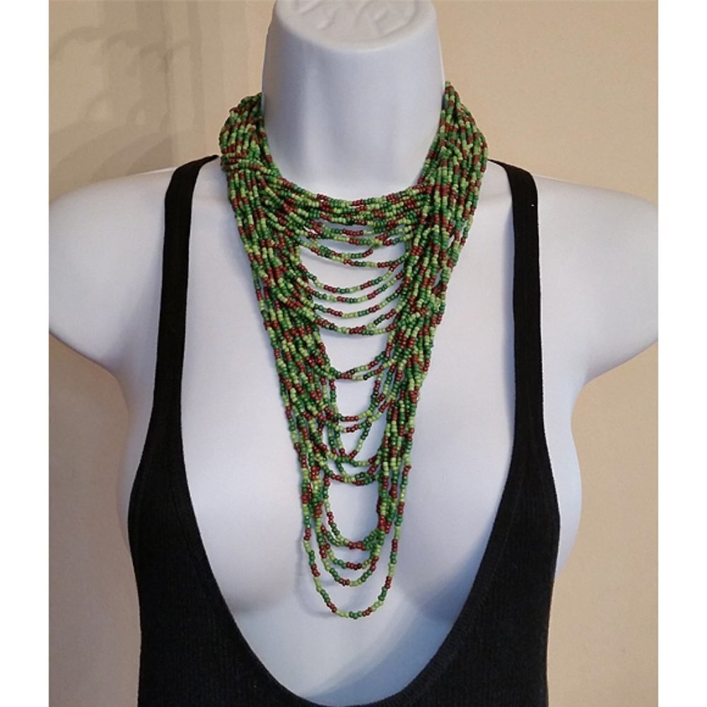 Artisan handcrafted layered statement seed bead necklace boho festival queen.